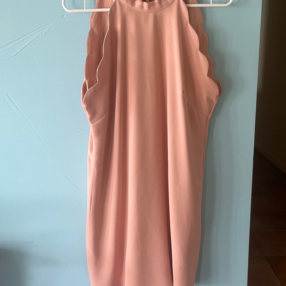 VIA JAY Scalloped Halter Mini Shift Dress Keyhole Back Tie Blush Pink Size M